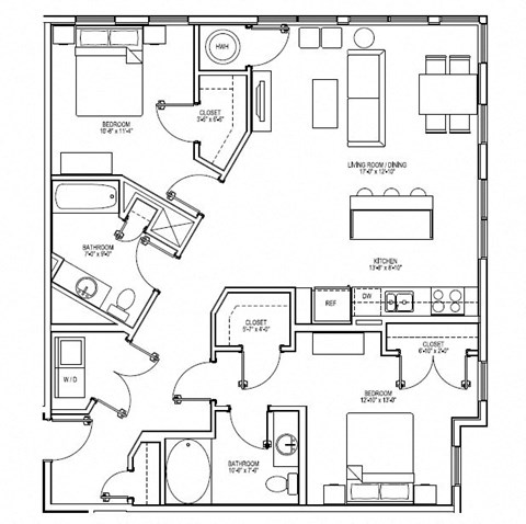 Floor plan for 2 beds, 2 baths, 1232 sqft